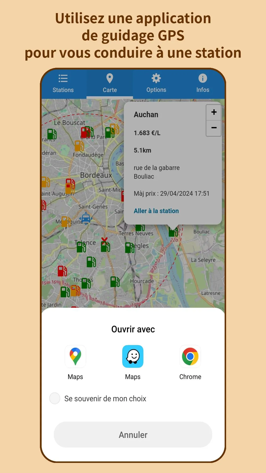 Utilisez une application de guidage GPS pour vous conduire à une station