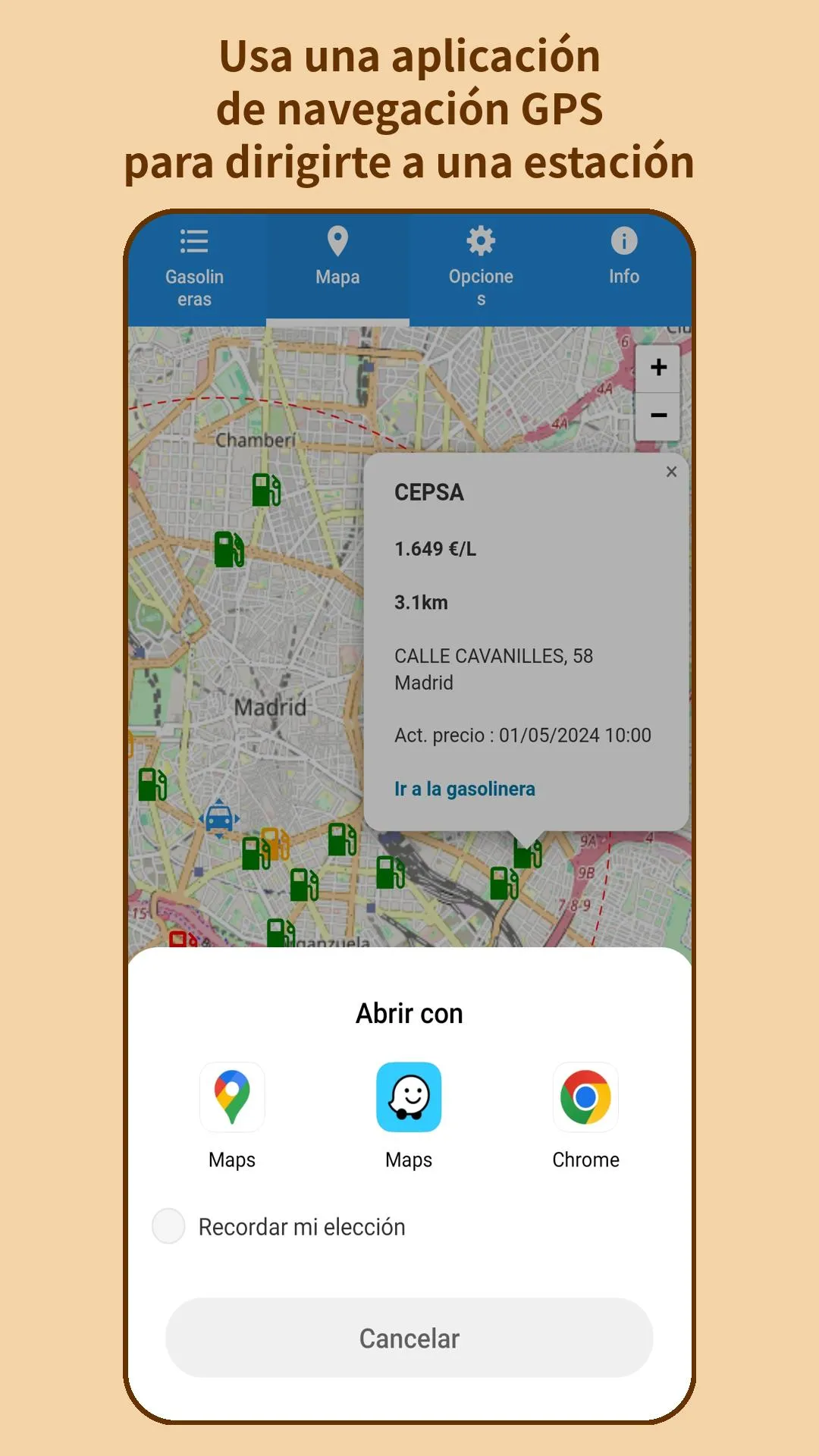 Usa una aplicación de navegación GPS para dirigirte a una estación
